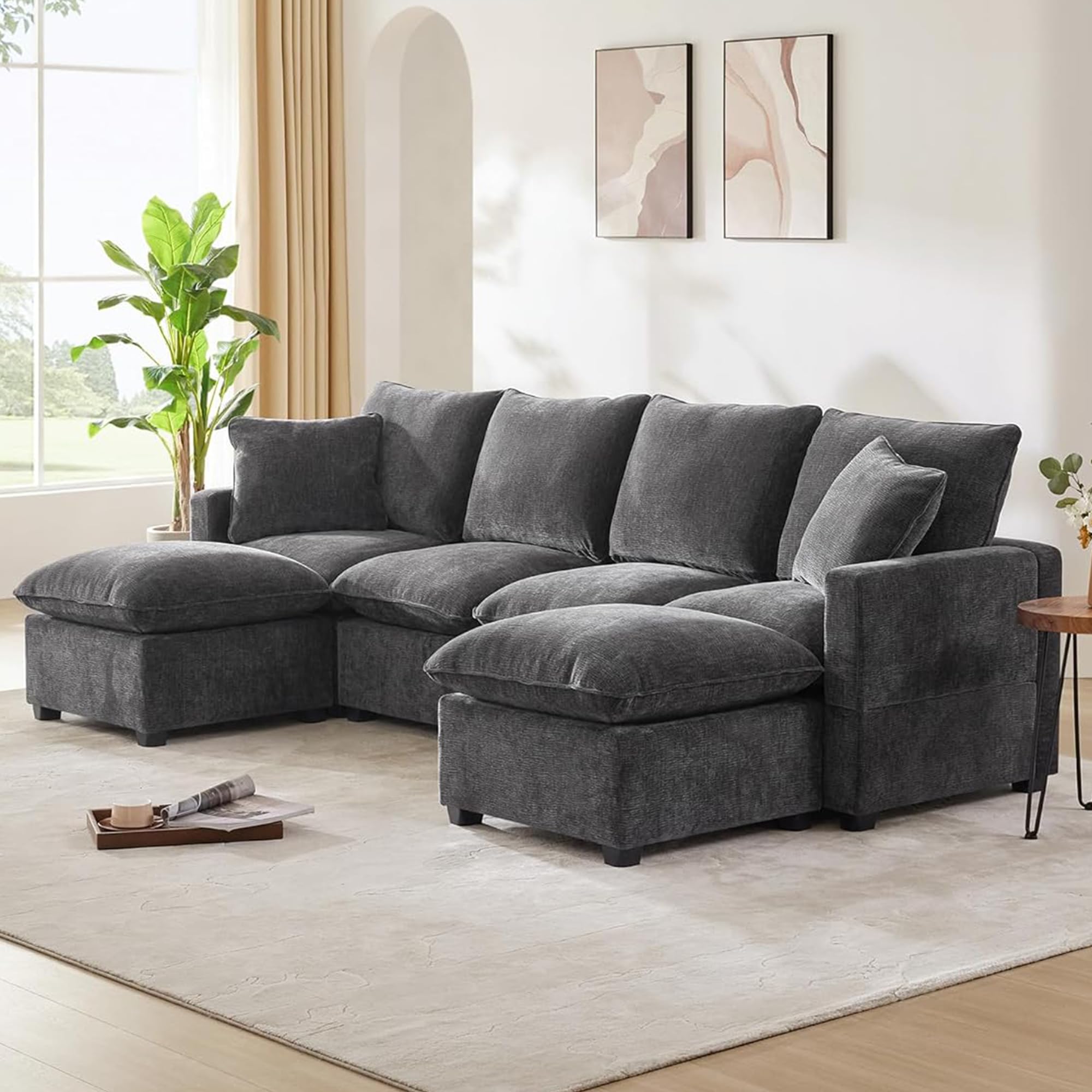 Yoglad 4 Seat Modular Sectional Sofa,Deep Seat Comfy Upholstered Furniture,with Moveable Ottomans,2 Pillows,for Livingroom,Bedroom, Apartment, Office.(Chenille Black)