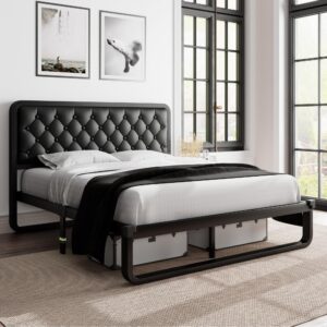 Feonase Queen Bed Frame, Upholstered Platform Bed Frame with Heavy-Duty Steel Slats, Diamond Tufted Headboard, 12" Storage Space, No Box Spring Needed, Noise Free, Easy Assembly, Black