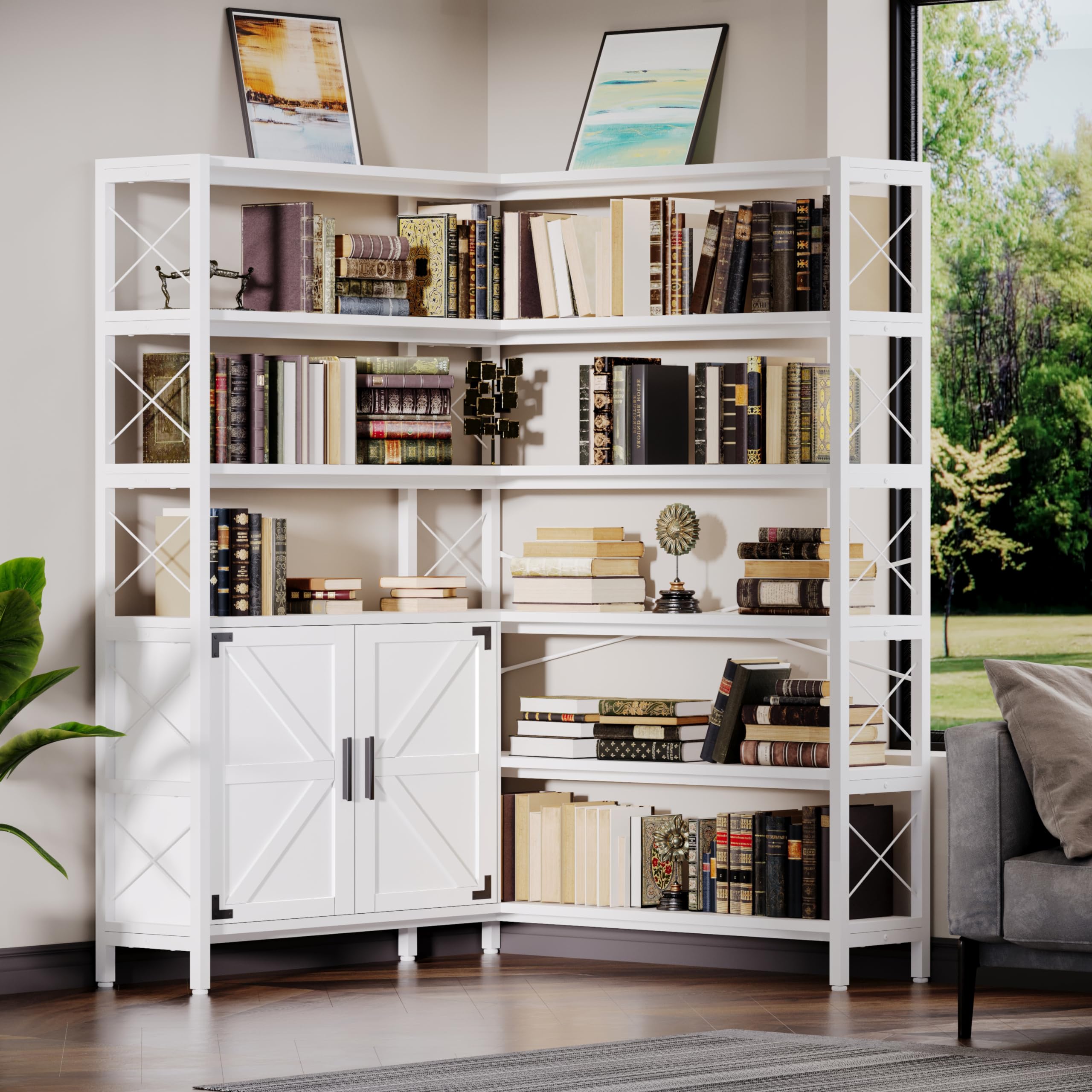 GLAUBIO 6-Tier Corner Bookcase,Farmhouse Style Corner Bookshelf, 5-Tier Tall Corner Shelf Storage Display Rack with Metal Frame for Living Room Home Office,White