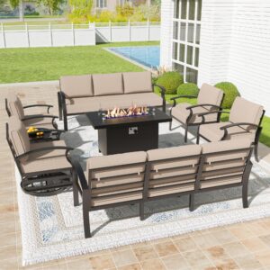 kullavik aluminum patio furniture set,8 pieces 10 seat metal outdoor furniture conversation set w/45 propane gas fire pit&swivels,sand