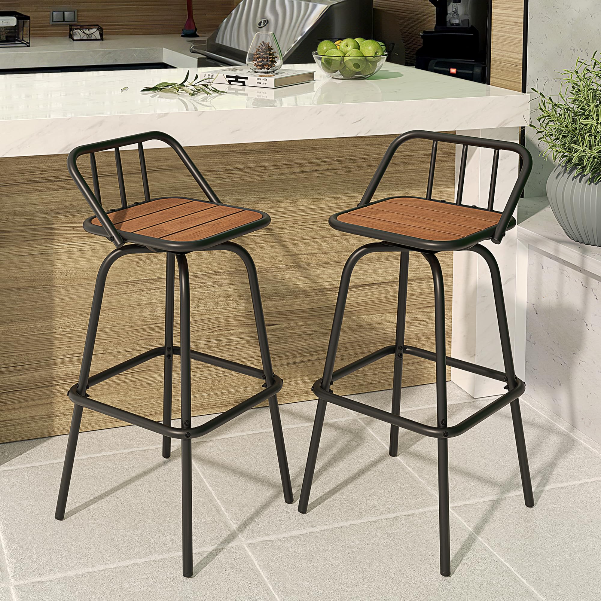 YITAHOME 30 Inches Swivel Bar Stools Set of 2, Counter Height Barstools Platic Wooden Seat with Backrests and Footrest, Industrial Metal Bar Stools for Outdoor Patio Home Kitchen