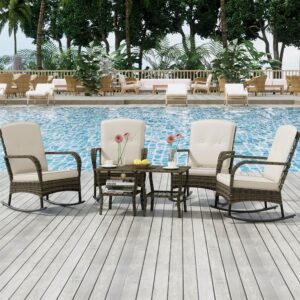 baldper 6 pieces patio conversation set, outdoor rocking chairs, wicker bistro set, outdoor furniture set with porch chairs and coffee table for deck garden poolside, beige