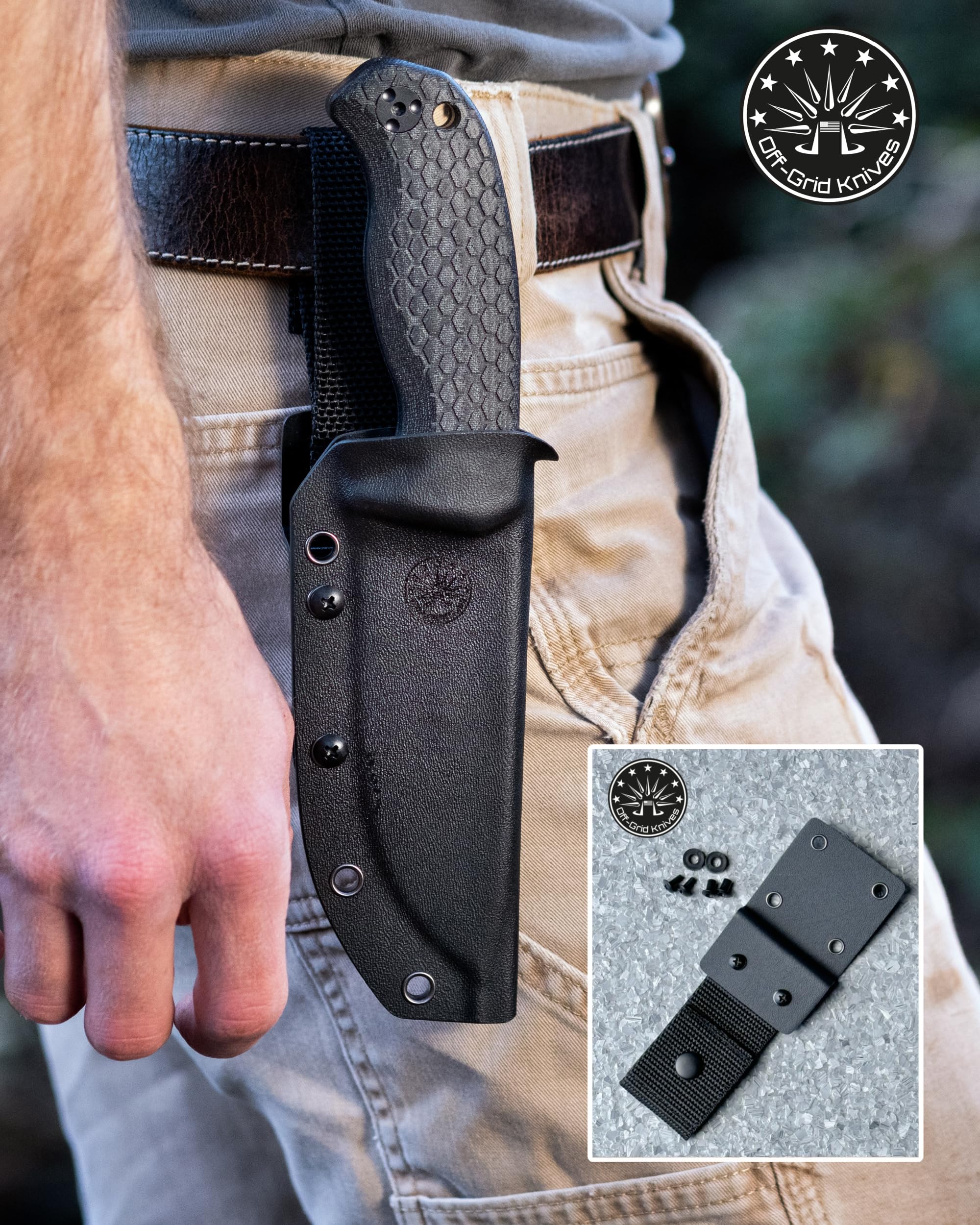 Off-Grid Knives - OG Lo-Pro Universal Kydex Knife Sheath Extension, Fits Taco and Pancake Style Sheaths with Button Lock and Velcro Nylon Belt Loop, Fits Sheaths with 1.5 Inch Spaced Rivets