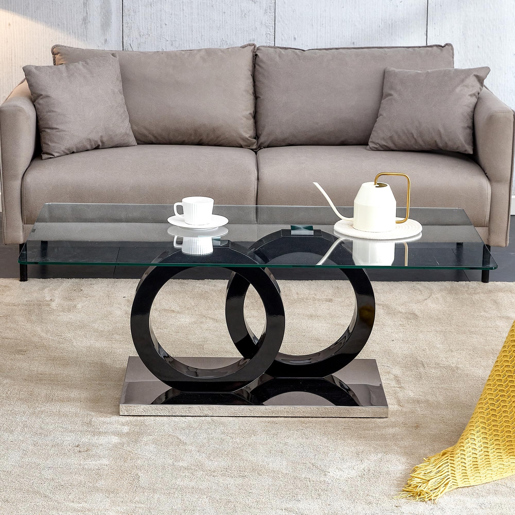 Tempered Glass Coffee Table for Living Room, Rectangular Center Table with MDF Table Legs, Modern Minimalist Cocktail Table for Small Space, Apartment, Office (Black, O-Shaped Base)