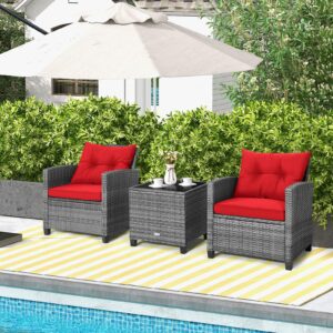 ORALNER Patio Furniture, 3 Pieces Outdoor Wicker Conversation Set Chairs with Soft Cushions and Glass Coffee Table, Rattan Bistro Set for Balcony Garden Deck Front Porch Poolside (Red)