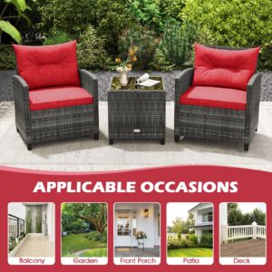 ORALNER Patio Furniture, 3 Pieces Outdoor Wicker Conversation Set Chairs with Soft Cushions and Glass Coffee Table, Rattan Bistro Set for Balcony Garden Deck Front Porch Poolside (Red)