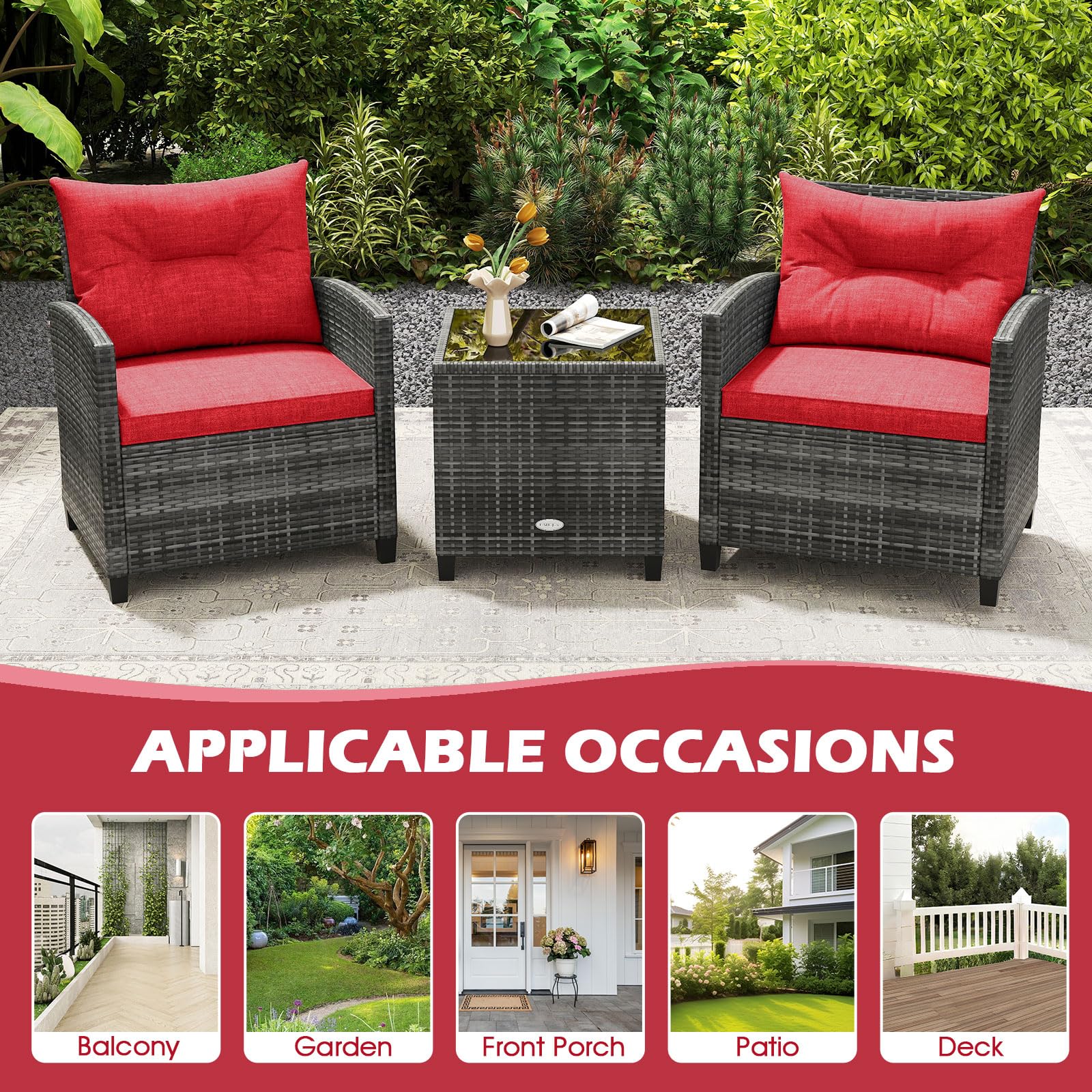 ORALNER Patio Furniture, 3 Pieces Outdoor Wicker Conversation Set Chairs with Soft Cushions and Glass Coffee Table, Rattan Bistro Set for Balcony Garden Deck Front Porch Poolside (Red)