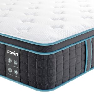 povirt twin mattress, 12 inch hybrid twin size mattress in a box, cool memory foam and pocket coils innerspring mattress for pressure relief & motion isolation, medium firm feel