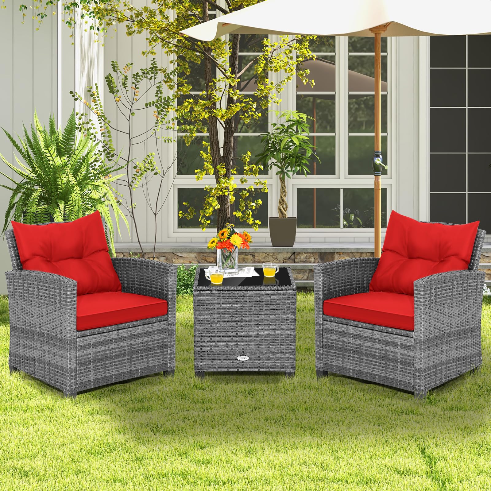 ORALNER Patio Furniture, 3 Pieces Outdoor Wicker Conversation Set Chairs with Soft Cushions and Glass Coffee Table, Rattan Bistro Set for Balcony Garden Deck Front Porch Poolside (Red)