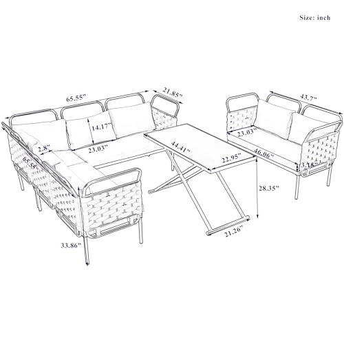 Merax 5-Piece Modern Patio Sectional Sofa Set Outdoor Woven Rope Furniture Set with Glass Table and Soft Cushions