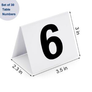 Okllen Set of 30 Restaurant Table Numbers1-30 White, Double Side Acrylic Tent Style Table Numbers for Party, Banquets, Wedding Reception, Events, 3.5"x3"x2.3"