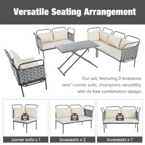 Merax 5-Piece Modern Patio Sectional Sofa Set Outdoor Woven Rope Furniture Set with Glass Table and Soft Cushions