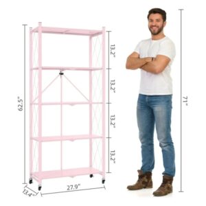 AZEITE 5-Tier Storage Shelving Unit, Heavy Duty Metal Shelf 27.9"x13.4"x62.5, Foldable Storage Shelf with Wheels, Garage Shelf, Kitchen Shelf with 4 Hooks, No Assemble Require（Pink）