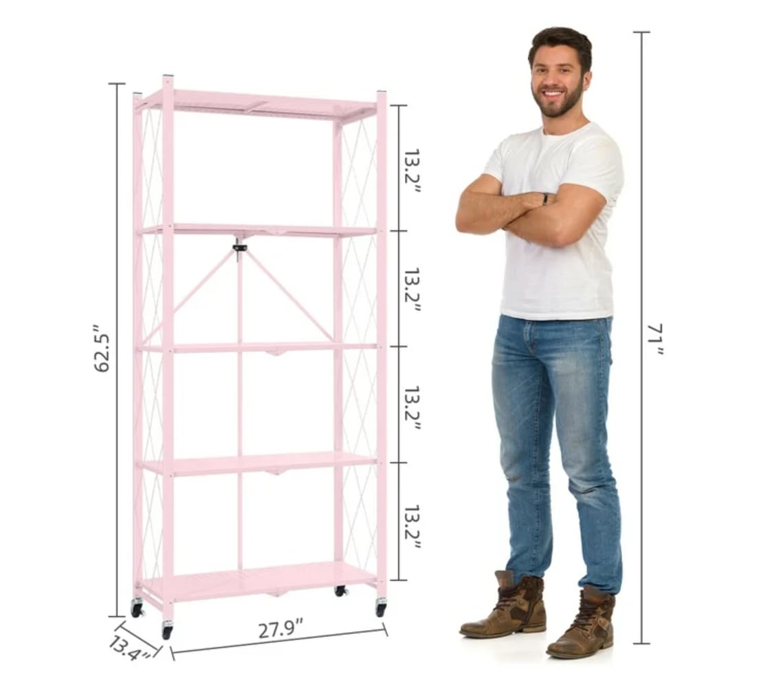 AZEITE 5-Tier Storage Shelving Unit, Heavy Duty Metal Shelf 27.9"x13.4"x62.5, Foldable Storage Shelf with Wheels, Garage Shelf, Kitchen Shelf with 4 Hooks, No Assemble Require（Pink）