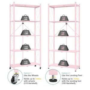 AZEITE 5-Tier Storage Shelving Unit, Heavy Duty Metal Shelf 27.9"x13.4"x62.5, Foldable Storage Shelf with Wheels, Garage Shelf, Kitchen Shelf with 4 Hooks, No Assemble Require（Pink）