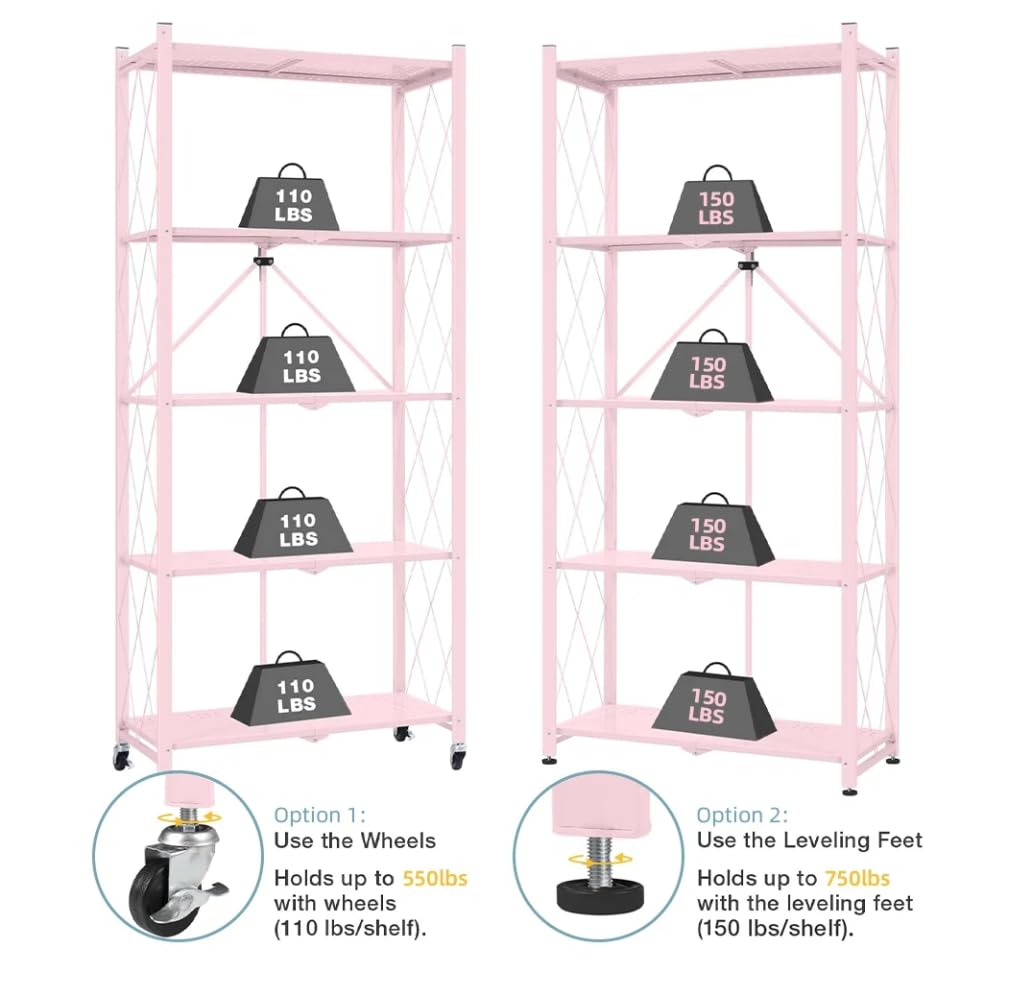 AZEITE 5-Tier Storage Shelving Unit, Heavy Duty Metal Shelf 27.9"x13.4"x62.5, Foldable Storage Shelf with Wheels, Garage Shelf, Kitchen Shelf with 4 Hooks, No Assemble Require（Pink）