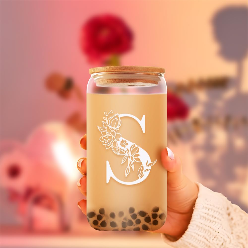 Glass Cup Birthday gifts for Women Personalized Monogram Gift for Women - 16 oz Clear Bamboo Glass Cups with Lid Straws Gifts for Mothers Day for Friends Teacher Nurse Mom Sister Aunt Letter S