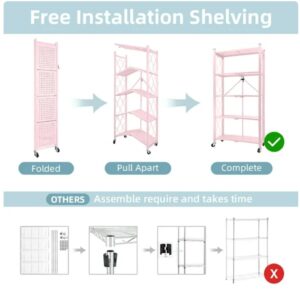 AZEITE 5-Tier Storage Shelving Unit, Heavy Duty Metal Shelf 27.9"x13.4"x62.5, Foldable Storage Shelf with Wheels, Garage Shelf, Kitchen Shelf with 4 Hooks, No Assemble Require（Pink）