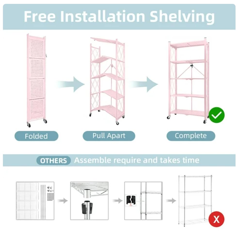 AZEITE 5-Tier Storage Shelving Unit, Heavy Duty Metal Shelf 27.9"x13.4"x62.5, Foldable Storage Shelf with Wheels, Garage Shelf, Kitchen Shelf with 4 Hooks, No Assemble Require（Pink）