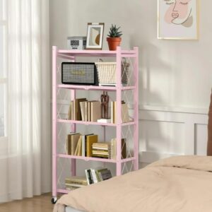 AZEITE 5-Tier Storage Shelving Unit, Heavy Duty Metal Shelf 27.9"x13.4"x62.5, Foldable Storage Shelf with Wheels, Garage Shelf, Kitchen Shelf with 4 Hooks, No Assemble Require（Pink）