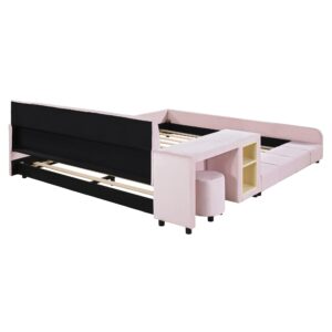 Modern Queen Size Upholstered Grounded Bed Mother & Child Bed Velvet Fabric Upholstered Floor Platform Bed with Bedside Desk and Little Round Stool for Kids Teens Boys Girls Adults (Pink-@9.9)