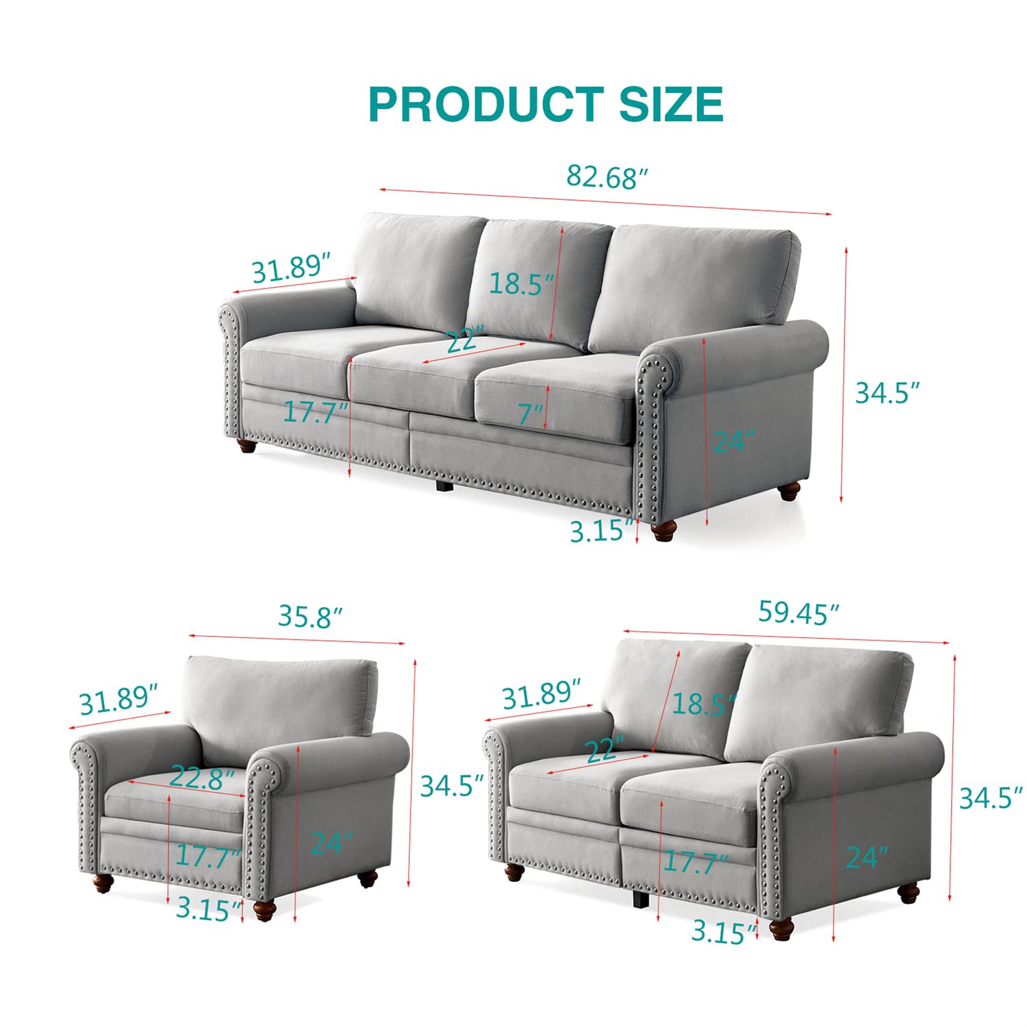 3-Piece Living Room Furniture Sets with Storage, Classic Living Room Sofa Set with Armrest Single Chair, Loveseat Sofa and 3-Seat Sofa, 1+2+3 seat with Silver Nails Decoration, Gray Fabric