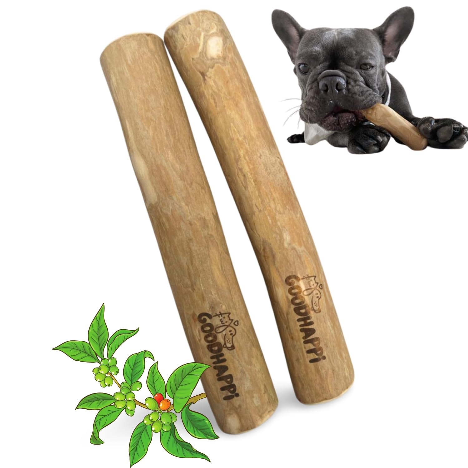 GOODHAPPI Natural Coffee Wood Dog Chew - Safe Wood Chews for Dogs, Perfect Chew Toys for Puppies 0-6 Months, Durable Coffee Stick Teething Toy for Puppies - Pack of 2 PCS