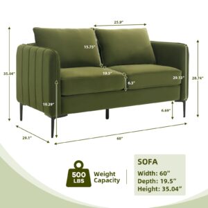 60 Inch Velvet Loveseat, Mid Century Modern Comfy Upholstered Sofa Couch with Metal Legs 2 Seater Sofa 6.3 Inch Extra Thick Cushion Couch for Living Room Small Spaces Apartment(Green)