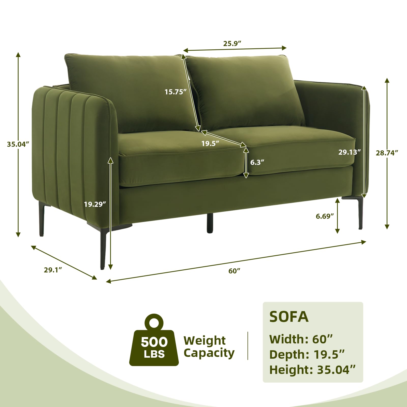 60 Inch Velvet Loveseat, Mid Century Modern Comfy Upholstered Sofa Couch with Metal Legs 2 Seater Sofa 6.3 Inch Extra Thick Cushion Couch for Living Room Small Spaces Apartment(Green)