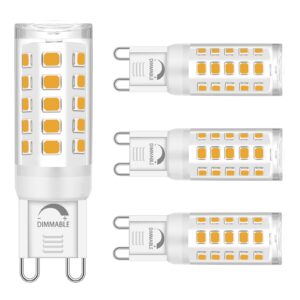 ugvmn g9 led bulb dimmable, no flicker 2700k soft warm white t4 small g9 led bi pin base, 4w (40w halogen replacement bulbs), chandelier light bulbs for home lighting, 4 pack (modern, count, 4)