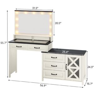 HAUOMS Farmhouse Vanity, 56.9” Western Makeup Desk with Mirror, Power Outlet, 11 Lights, Large Barn Dresser Vanity Table, Big Glass Top, 5 Drawers, Cabinet Storage, Antique White