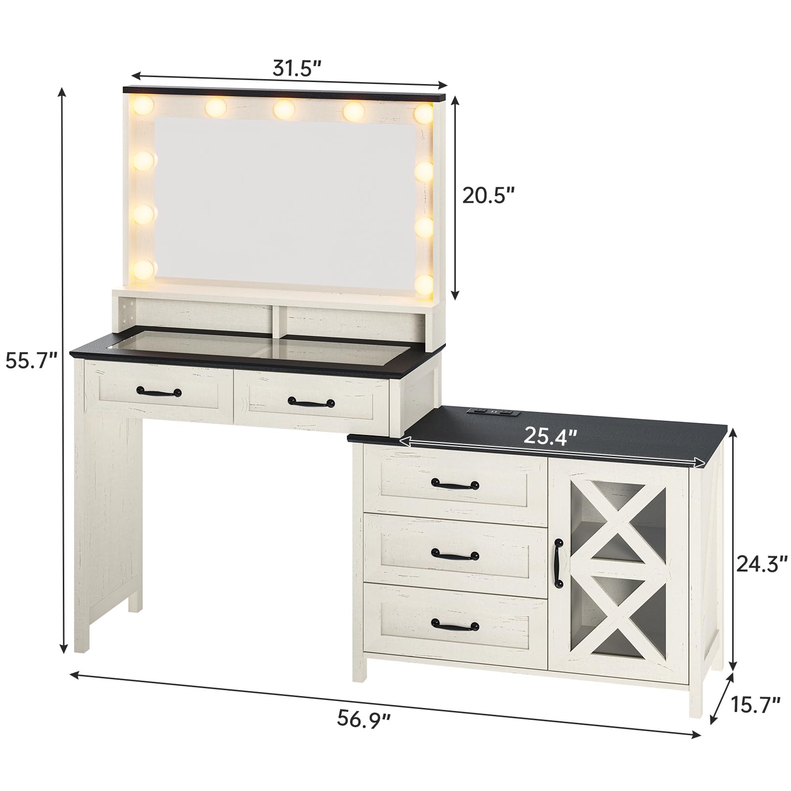 HAUOMS Farmhouse Vanity, 56.9” Western Makeup Desk with Mirror, Power Outlet, 11 Lights, Large Barn Dresser Vanity Table, Big Glass Top, 5 Drawers, Cabinet Storage, Antique White