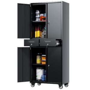 locenhu garage cabinet with locking doors,tool storage cabinet with 4 wheels and 2 drawer and adjustable shelves- 71" h rolling storage cabinet for garage,warehouse,home,office,school(black)