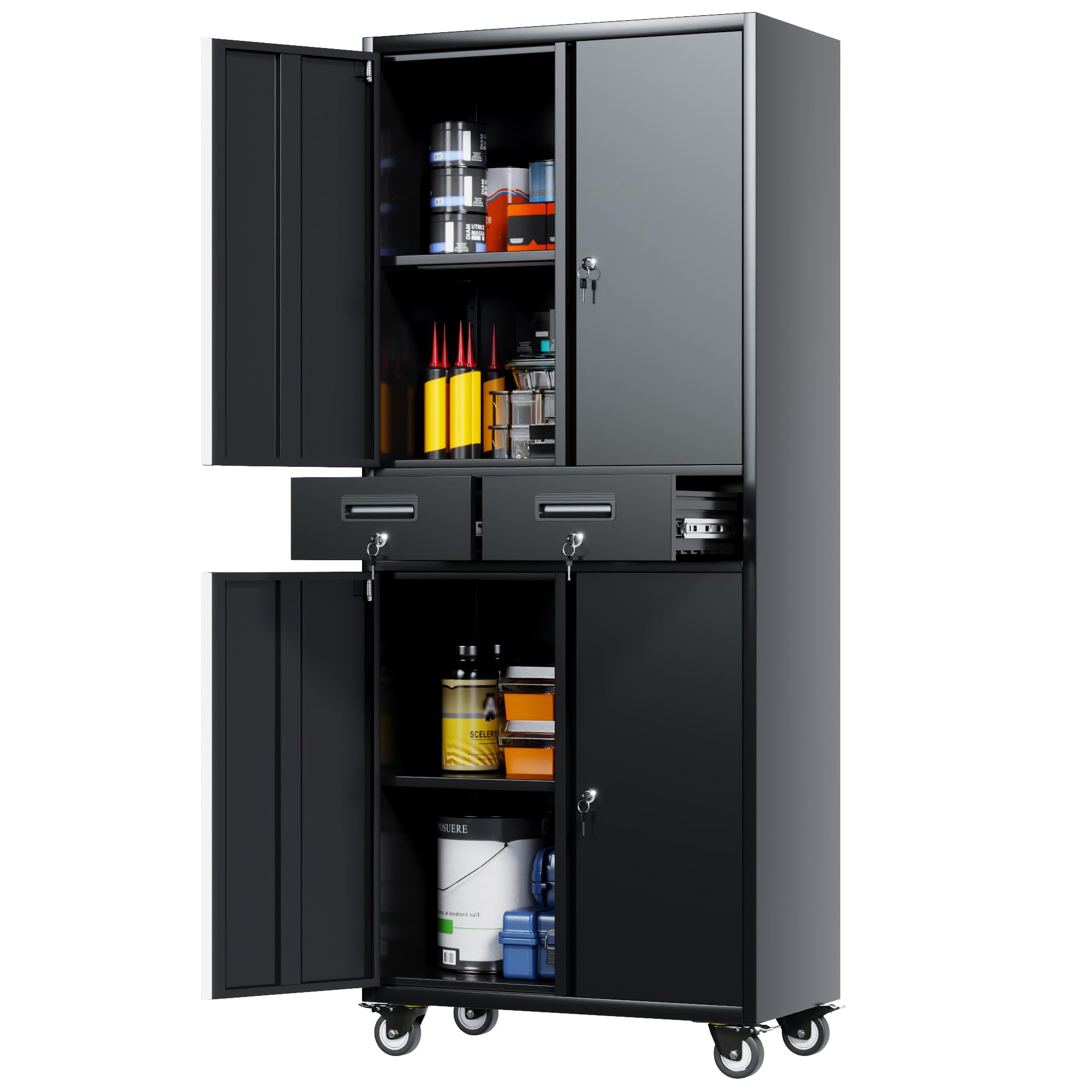 LOCENHU Garage Cabinet with Locking Doors,Tool Storage Cabinet with 4 Wheels and 2 Drawer and Adjustable Shelves- 71" H Rolling Storage Cabinet for Garage,Warehouse,Home,Office,School(Black)