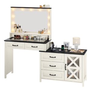 HAUOMS Farmhouse Vanity, 56.9” Western Makeup Desk with Mirror, Power Outlet, 11 Lights, Large Barn Dresser Vanity Table, Big Glass Top, 5 Drawers, Cabinet Storage, Antique White