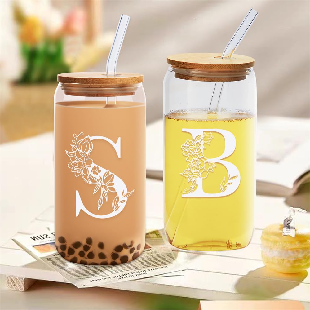 Glass Cup Birthday gifts for Women Personalized Monogram Gift for Women - 16 oz Clear Bamboo Glass Cups with Lid Straws Gifts for Mothers Day for Friends Teacher Nurse Mom Sister Aunt Letter S