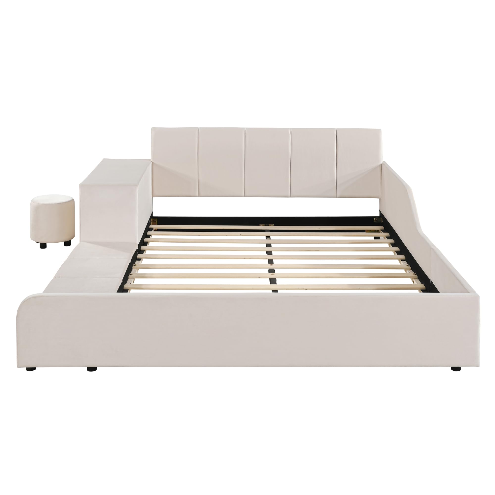 VilroCaz Modern Full Size Upholstered Grounded Bed, Velvet Fabric Upholstered Mother & Child Platform Bed with Bedside Desk and Little Round Stool, No Box Spring Required (Beige-F)