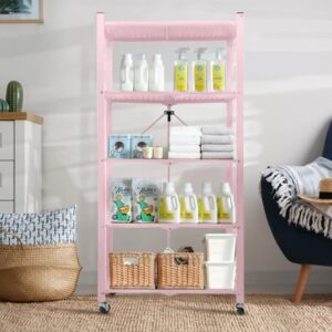 AZEITE 5-Tier Storage Shelving Unit, Heavy Duty Metal Shelf 27.9"x13.4"x62.5, Foldable Storage Shelf with Wheels, Garage Shelf, Kitchen Shelf with 4 Hooks, No Assemble Require（Pink）