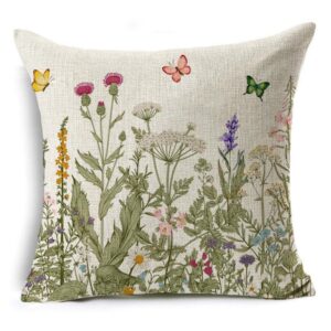 Outdoor Pillows Waterproof Flower Cushion Covers 45 x 45 cm Both Sides Garden Floral Butterfly Decorative Throw Pillow Covers Polyester Linen Pillowcase for Set of 4 outdoor pillow covers 18x18