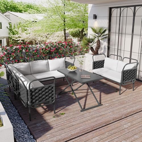 Merax 5-Piece Modern Patio Sectional Sofa Set Outdoor Woven Rope Furniture Set with Glass Table and Soft Cushions