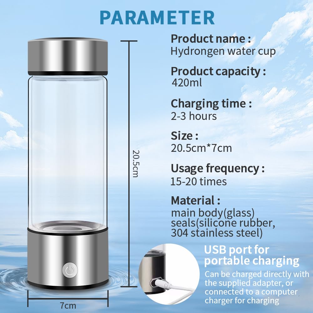 Hydrogen Water Bottle,420ml Hydrogen Water,Hydrogen Water Bottle Generator Improve Water Quality in 3 Minutes,Portable Hydrogen Water Ionizer Machine for Home,Office and Travel(Silver)