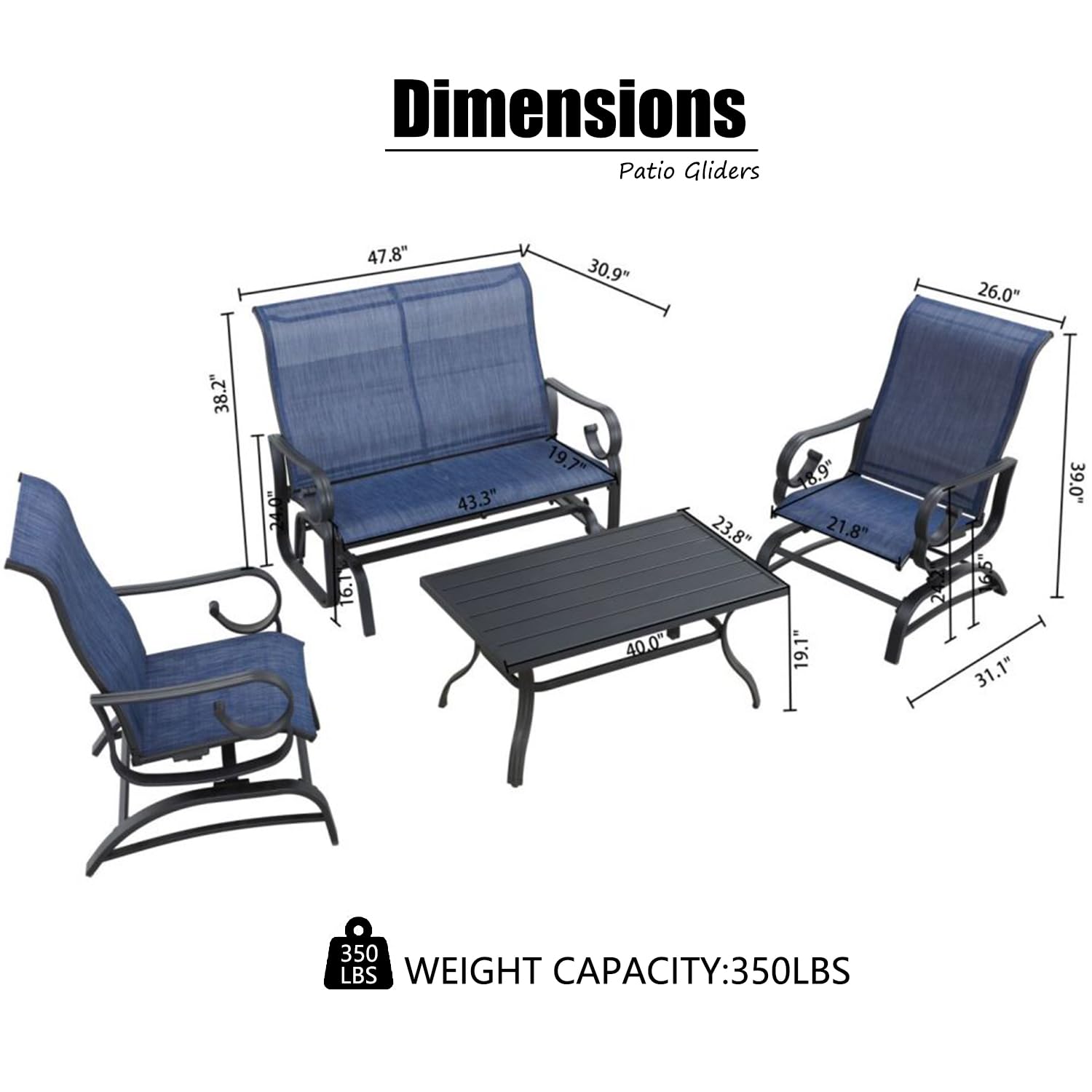 PatioFestival 4 Pcs Patio Glider Set, Outdoor Furniture Set with Metal Coffee Table,Gliding Rocking Chair,Textilene Fabric,Gliding Rocking Chair Set for Garden, Yard, Poolside(Blue)