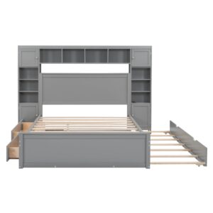 Harper & Bright Designs Queen Platform Bed with All-in-One Cabinet, Shelf and Sockets, Wood Queen Beds with 2 Storage Drawers and Trundle, Queen Size Bed Frame for Bed Room, No Box Spring Needed,Gray