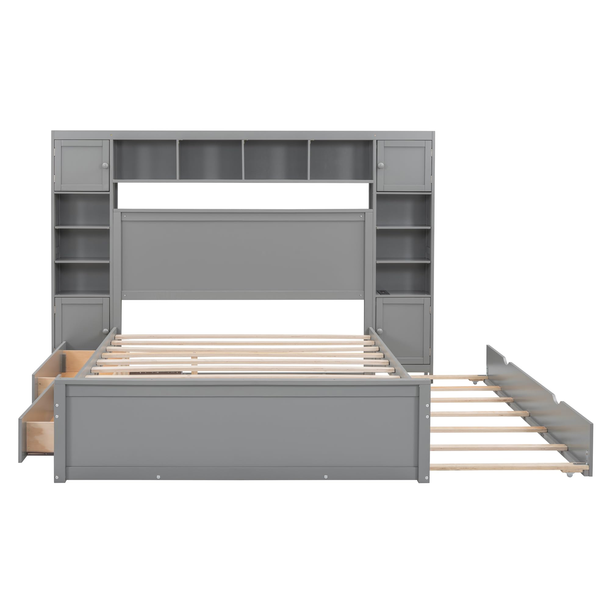 Harper & Bright Designs Queen Platform Bed with All-in-One Cabinet, Shelf and Sockets, Wood Queen Beds with 2 Storage Drawers and Trundle, Queen Size Bed Frame for Bed Room, No Box Spring Needed,Gray