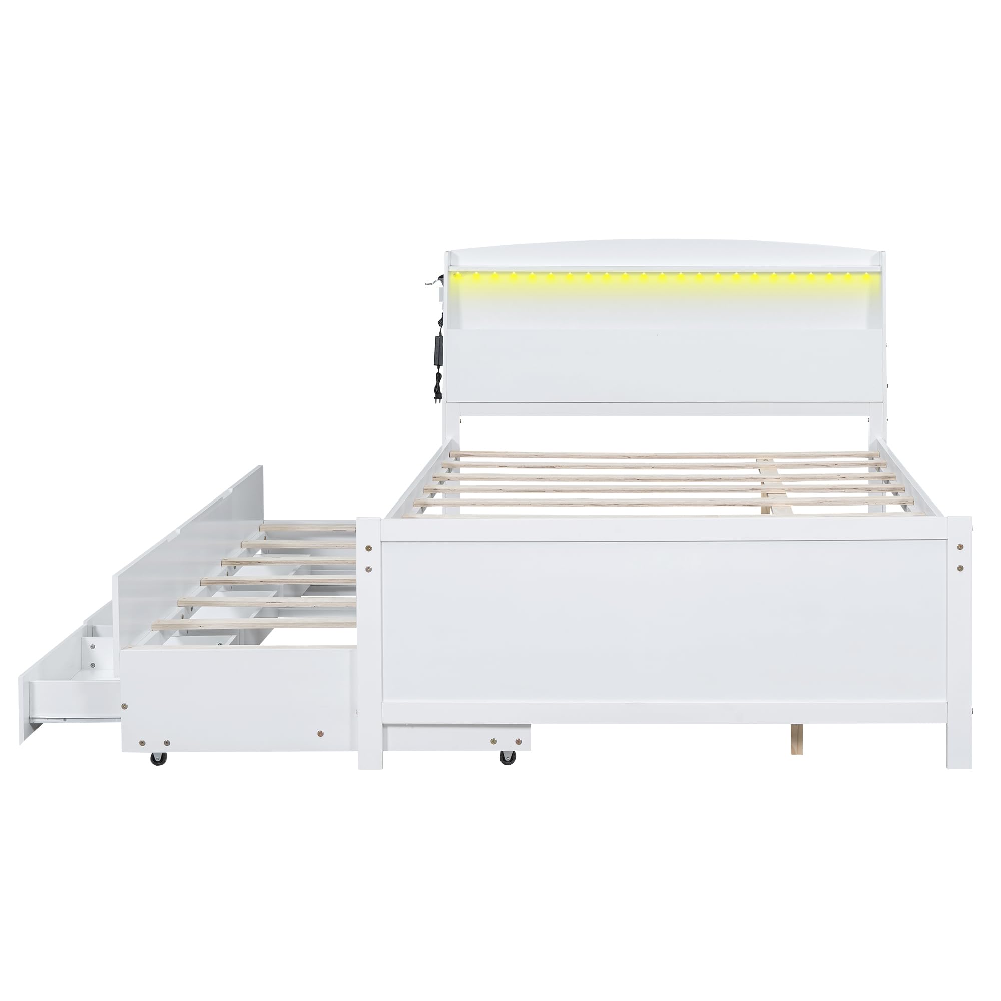 Mirightone Full Captain Bed with Trundle and Storage Drawers, Wood Platform Bed with LED Light Headboard, Twin Size Trundle Bed for Kids Boys Girls Teens, White