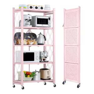 AZEITE 5-Tier Storage Shelving Unit, Heavy Duty Metal Shelf 27.9"x13.4"x62.5, Foldable Storage Shelf with Wheels, Garage Shelf, Kitchen Shelf with 4 Hooks, No Assemble Require（Pink）