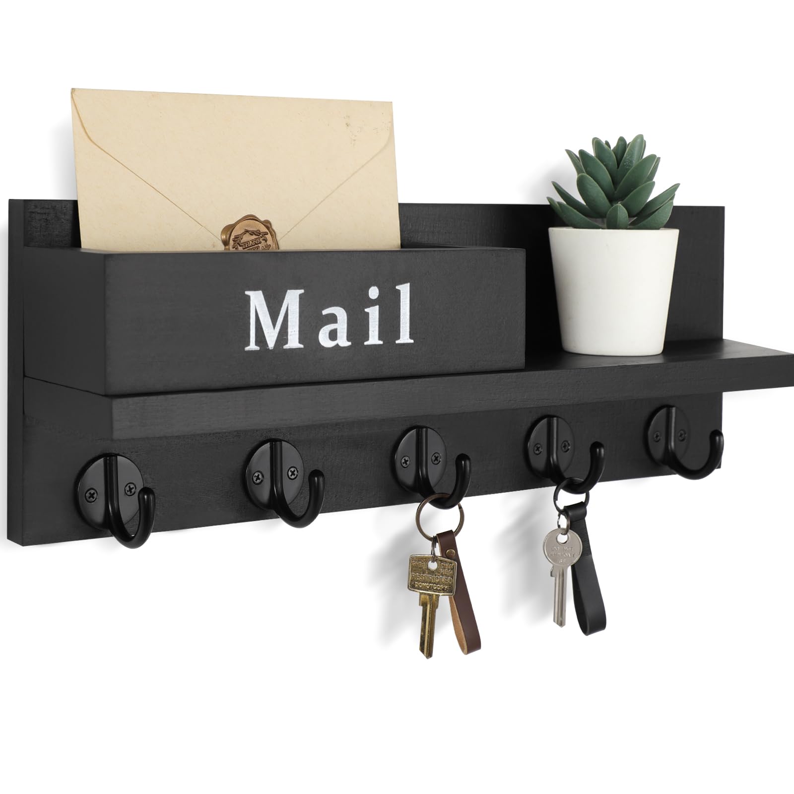 Lucundm Key & Mail Holder for Wall, Decorative Key Holder with Letter Holder for Mails, Magazines, 5 Sturdy Hooks for Dog Leash, Coat, Mail Organizer Shelf (15.7”W x 5.3”H x 3.5”D)