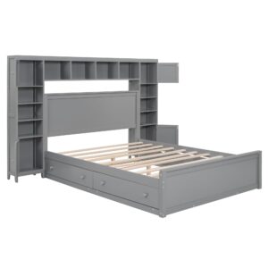 Harper & Bright Designs Queen Platform Bed with All-in-One Cabinet, Shelf and Sockets, Wood Queen Beds with 2 Storage Drawers and Trundle, Queen Size Bed Frame for Bed Room, No Box Spring Needed,Gray