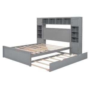 Harper & Bright Designs Queen Platform Bed with All-in-One Cabinet, Shelf and Sockets, Wood Queen Beds with 2 Storage Drawers and Trundle, Queen Size Bed Frame for Bed Room, No Box Spring Needed,Gray