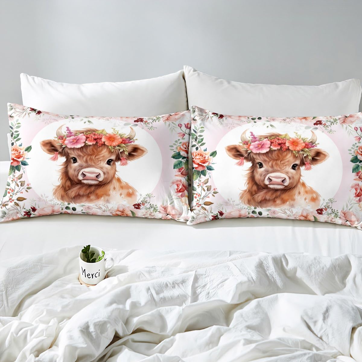 Feelyou Cute Highland Cow Bedding Set Queen Size Kids Cartoon Animal Comforter Cover Set for Boys Girls Teens Flower Floral Print Duvet Cover Farm Zoo Garden Theme Bedspread Cover (No Comforter)